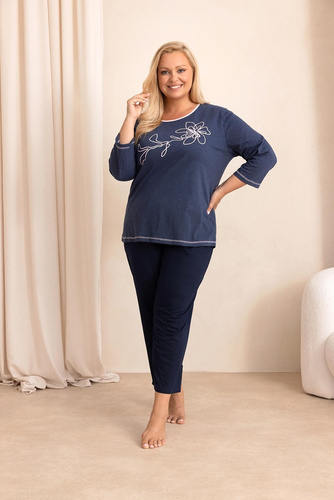 Damen-Pyjama Regina 4015 100% Baumwolle, 7/8-Ärmel und Hose, Grafik - marineblau