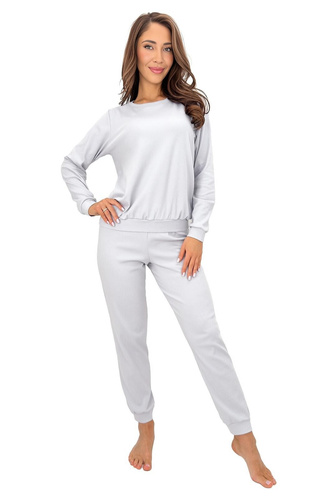 Damen-Pyjama Donna Home Long aus Baumwolle, Rippenstruktur, langärmlig mit Hose, grau