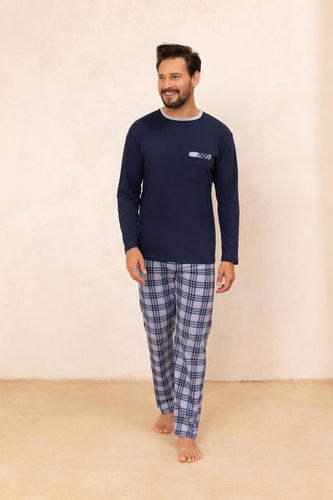 Regina 488 – marineblauer Herren-Baumwollpyjama mit langen Ärmeln, klassischer Schnitt