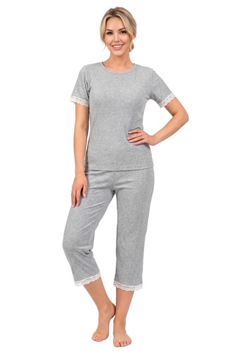 Donna Megi Damen Schlafanzug Gerippt 3/4 Grau mit Spitze und Schleife