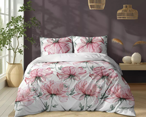 5770 A Cotton Bloom Detexpol weiße Baumwollbettwäsche mit großen rosa Blüten – 100 % Baumwolle, doppelseitig, polnische Produktion