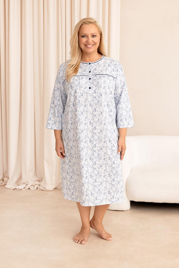 Nachthemd Regina 022 100% Baumwolle 7/8-Arm Pflanzliches Muster - blau