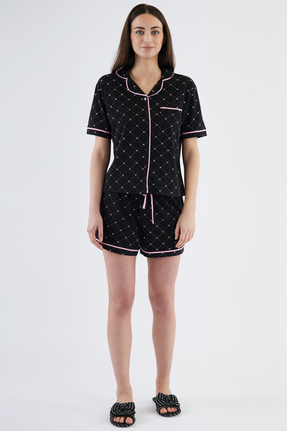 Coraline Sorbetto Damenpyjama, Schwarz – Hemdoberteil, kurze Shorts, 100 % Baumwolle