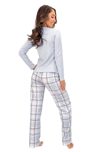Donna Dani Long graue Damen-Baumwoll-Pyjama mit Rippenstruktur, Hose kariert