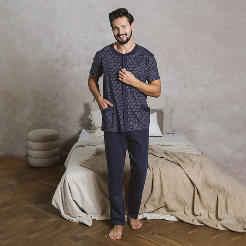 Ricardo Herren Schlafanzug mit kurzen Ärmeln, lange Hose Italienische Mode - navy blau