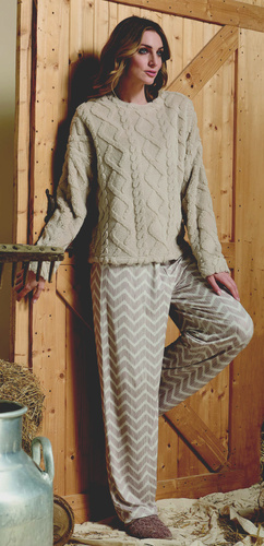 Sofie Damen-Pyjama Sorbetto Beige – warmer Sherpa, Palazzo, elegant und weich