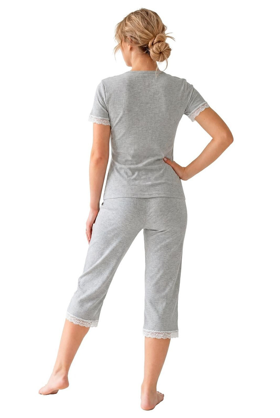 Donna Megi Damen Schlafanzug Gerippt 3/4 Grau mit Spitze und Schleife