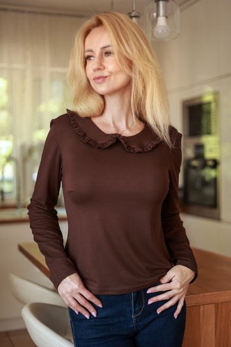 Mirale Anna Damenbluse aus Viskose mit Rüsche und Kragen - braun