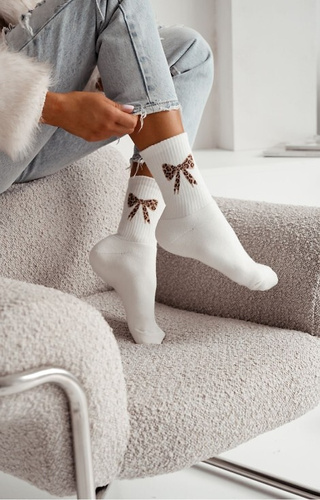 0118-014 Ecru Damen-Frottee-Socken Milena – Baumwolle, mit Schleife, warm