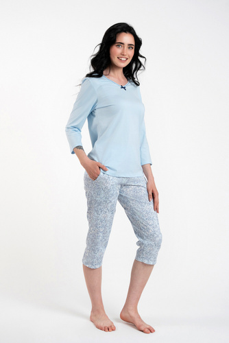 Salli Damen Schlafanzug 3/4 Ärmel und 3/4 Hose Italienische Mode -blau/print