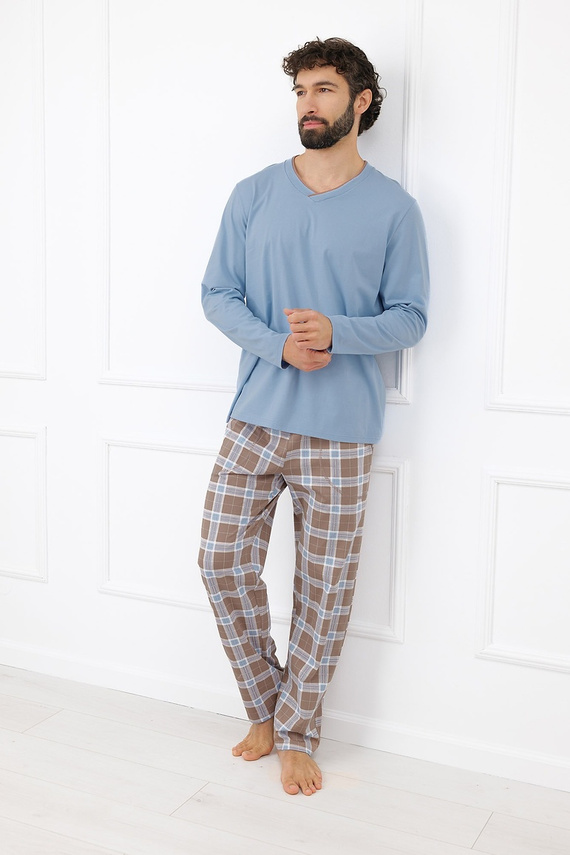 Italian Fashion Dante Herren Baumwoll-Pyjama Lang Kariert-Hose - Stahlfarben