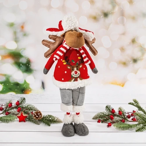 92B Weihnachts-Rentierfigur im Winteroutfit aus weichen Stoffen, rote Euro-Vorhänge