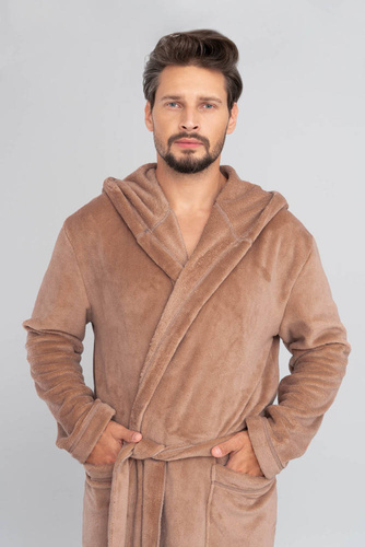 Mimas Herren Bademantel mit Kapuze Italian Fashion- camel 