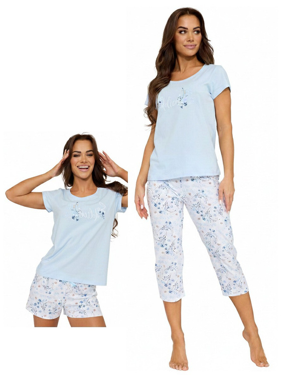 Damen-Pyjama 466/344 Delicate Cornette – Drei-Teile-Set mit Blumenmuster und Satinband