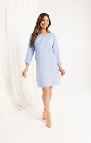 163 Regina-Nachthemd aus Baumwolle, blau – 3/4-Ärmel, bedruckt, oberhalb des Knies