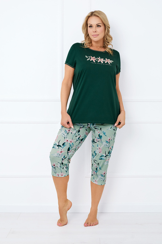 Florisa Damen Schlafanzug mit kurzen Ärmeln, 3/4 Hose Italian Fashion - dunkelgrün/print
