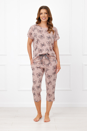 Italian Fashion Silano Damen-Pyjama 100% Baumwolle 3/4-Hose mit Schleifen