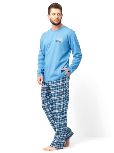 Herrenpyjama MNS 626 Key blau – lange Ärmel, Hose aus Flanell-Baumwolle