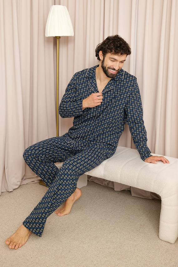 Herren-Pyjama Italian Fashion Broken 100% Baumwolle Lang mit Knöpfen