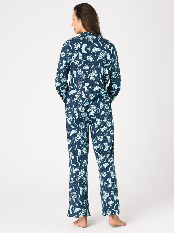 Damen-Pyjama Key LNS 435 in Meerblau – Flanell, zum Knöpfen, 100% Baumwolle
