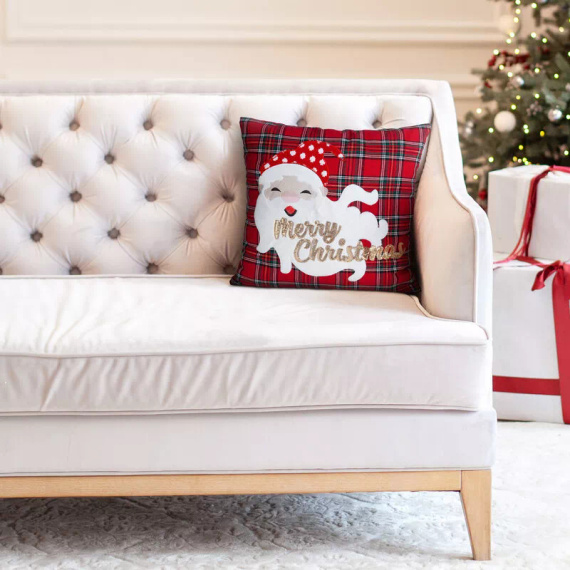 Chp 165 Eurofirany Weihnachtskissenbezug – rotes Karomuster mit Weihnachtsmann und Aufschrift