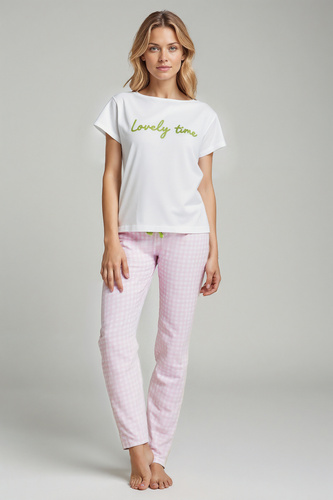 Dana Sorbetto Damen-Pyjama, Rosa – 100 % Baumwolle, kurze Ärmel, karierte Hose, Set