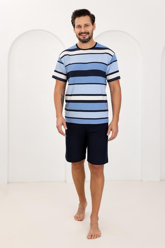 Herren Pyjama 501 Regina – 100% Baumwolle, Gestreiftes Kurzarm-Shirt & Shorts, Atmungsaktiv für Sommernächte