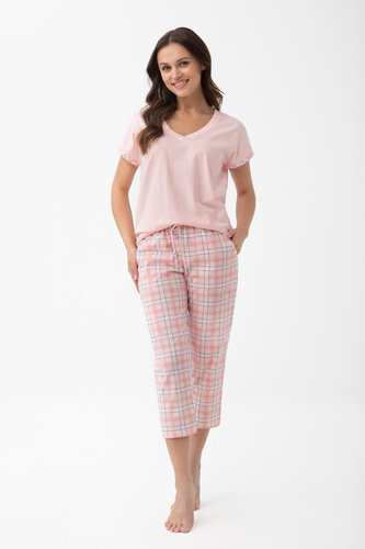 Damen-Pyjama 1300 Luna aus Baumwolle mit kurzem Arm und 7/8-Hose in Apricot
