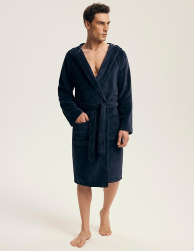 Henderson 43374 Naps marineblauer Herrenbademantel – Kapuze, warmer Stoff, Komfort und Eleganz