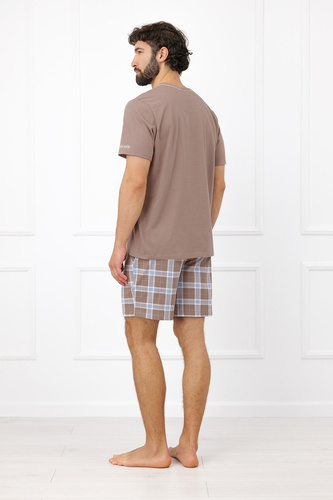 Herren-Pyjama Italian Fashion Dante aus Baumwolle, kurz, Shorts, kariert, mit Taschen – Cappuccino