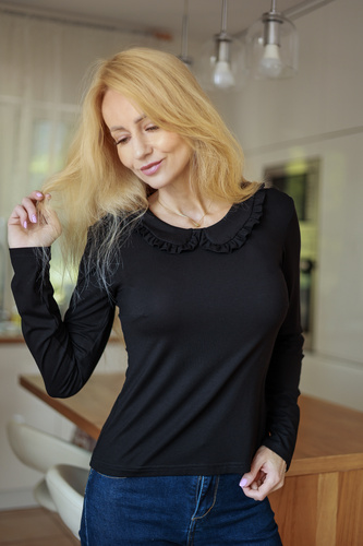 Mirale Anna Damenbluse aus Viskose mit Rüsche und Kragen – schwarz