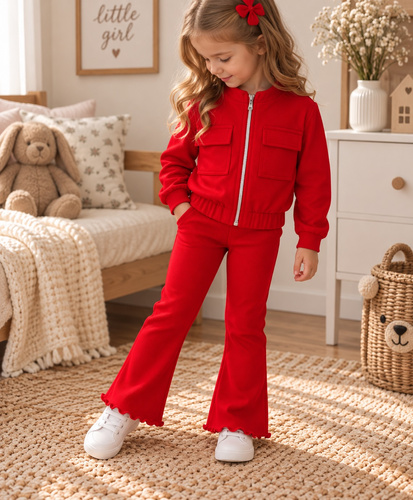 Mamatti DR720 bordeauxfarbenes Mädchen Baumwoll-Jogginganzug mit Schleife, Sweatshirt und Schlagleggings