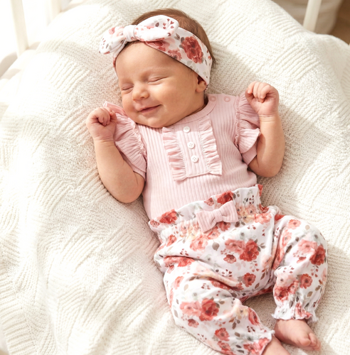 ABK-0057 NINI Roses Baby-Set aus Bio-Baumwolle Body, Hose, Stirnband