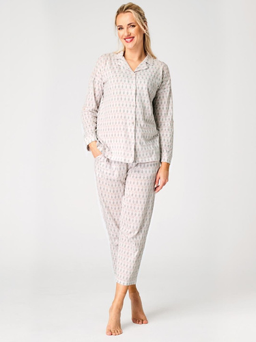 Damen Pyjama LNS 879 Key aus Baumwolle Beige mit Knopfleiste und Pastellmuster