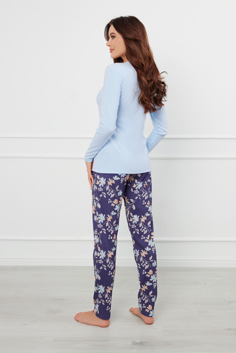 Pulia Damen Schlafanzug mit langen Ärmeln, lange Hose Italian Fashion - blau/print