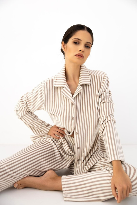 Damen-Pyjama Sensis Avelin Mocca warm, zum Knöpfen, mit Kragen