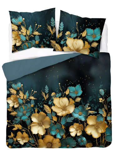 5118 Eine dunkle Baumwollbettwäsche von Holland Detexpol mit goldenen und türkisfarbenen Blumen – 100 % Baumwolle, doppelseitig, polnische Produktion
