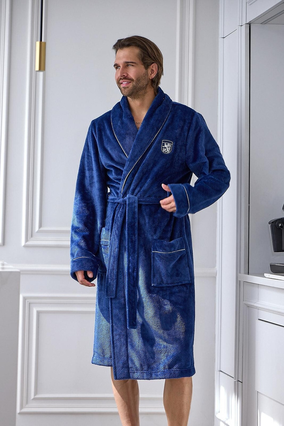 L&L 2661 Eleganter Herrenbademantel Klassischer Kimono-Kragen Weich Navy