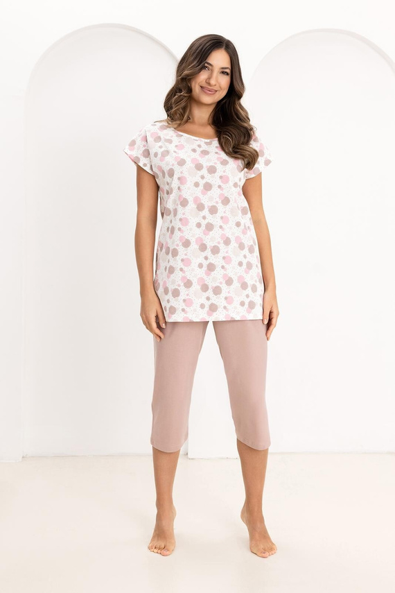 Damen Pyjama Regina 730 aus 100% Baumwolle – Kurzarm-Shirt mit bunten Punkten, 3/4 Hose, Atmungsaktiv & Sommerlich