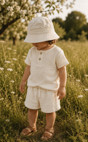 BL55103 Mamatti Ecru Musselin Polo-Bluse mit kurzen Ärmeln und Knöpfen