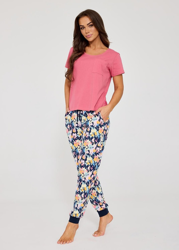 Damen-Pyjama Cornette Pola 730/337 rosa, Baumwolle mit Blumenprint, lange Hose