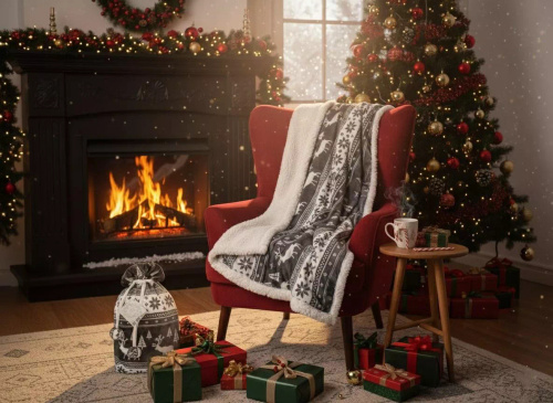 SACO Weihnachtsdecke, grau – weich und warm mit Rentieren und Weihnachtsbäumen im dekorativen Beutel