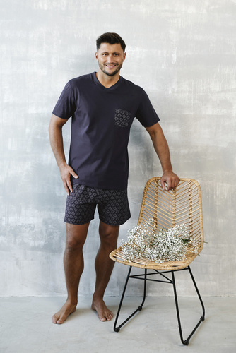 Diaz Herren Schlafanzug mit kurzen Ärmeln, Shorts Italian Fashion - navy blau/print