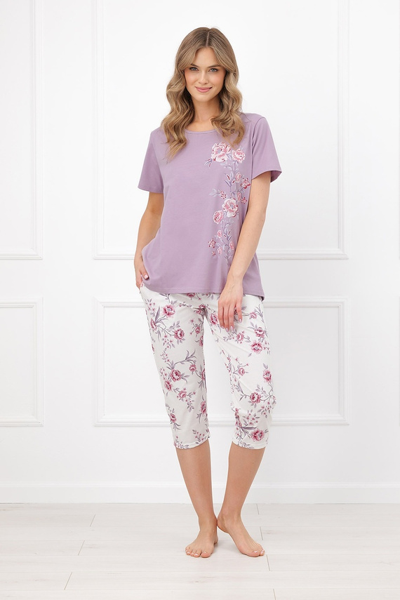 Italian Fashion Karilla Damen-Pyjama 100% Baumwolle 3/4-Hose mit Blumenmuster