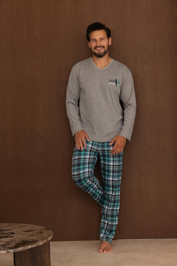 Regina 6011 Herren-Pyjama 100% Baumwolle Langarm Kariert Hose Grau