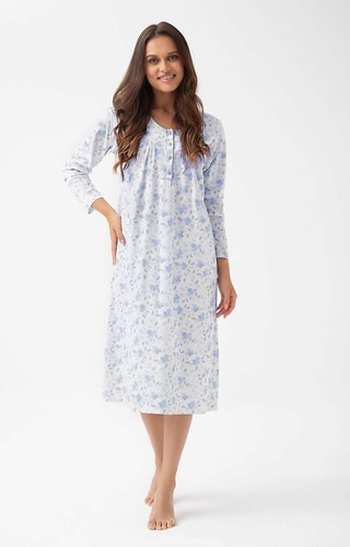 338 Luna blaues Nachthemd – Baumwolle mit Pflanzenmuster, lang mit Knöpfen