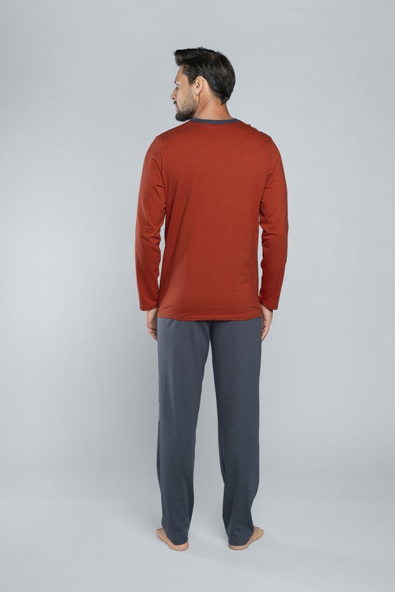 Lion Herren Schlafanzug mit langen Ärmeln, Hose Italian Fashion - rot/graphit