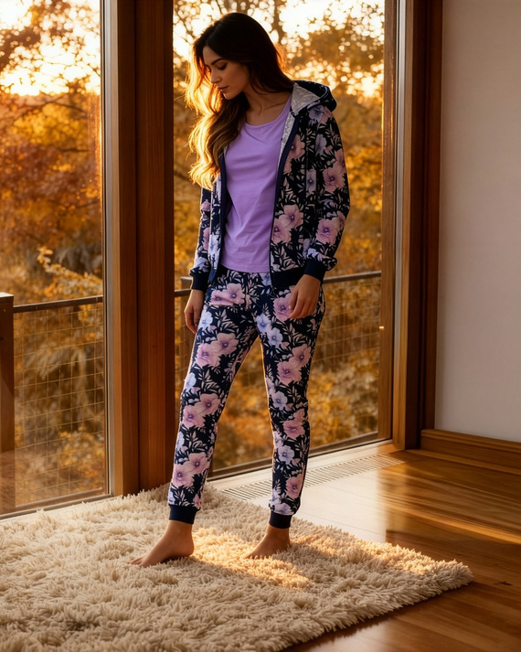 355/464 Maddie Cornette Damen-Pyjama – Marineblauer 3-teiliger Pyjama mit geblümtem Sweatshirt und Kapuze