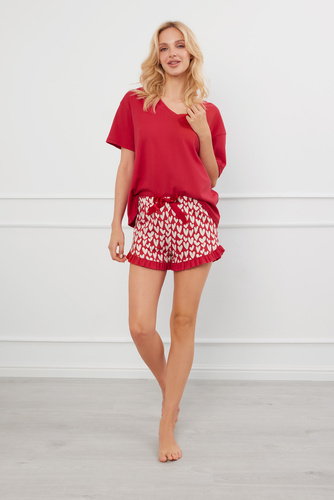 Evora Damen Kurzarm-Pyjamas, Shorts Italienische Mode - rot 
