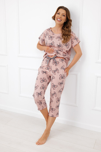 Italian Fashion Silano Damen-Pyjama 100% Baumwolle 3/4-Hose mit Schleifen